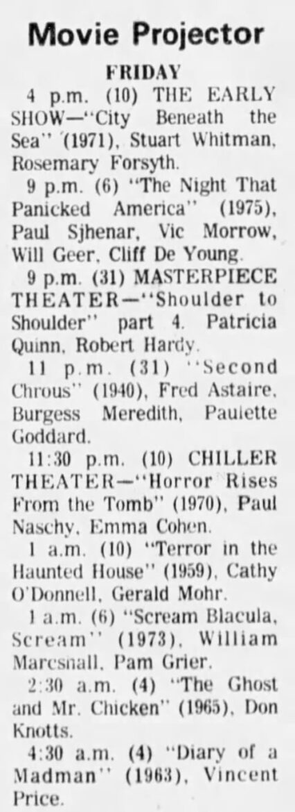 From The Newark Advocate, Friday, October 31, 1975. I would not have slept that night with all the awesome films playing on TV!