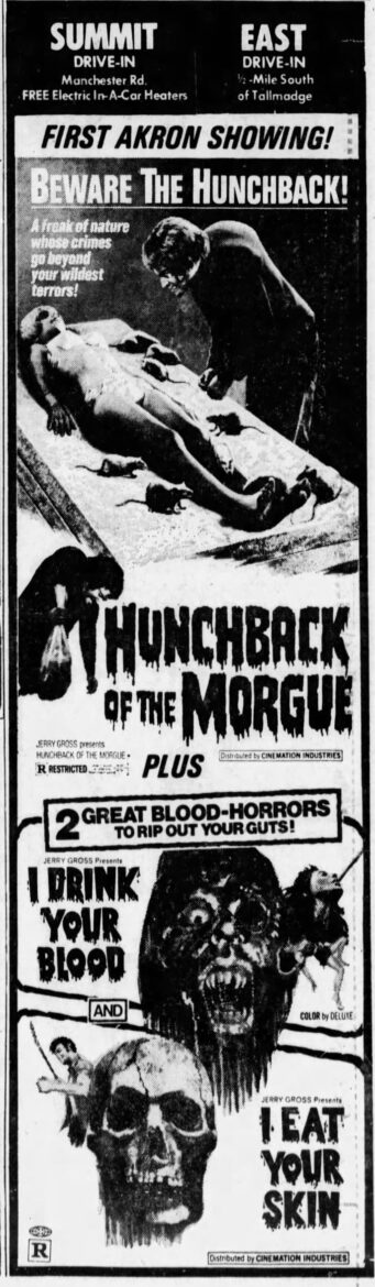 Hunchback ad from the Akron Beacon Journal, Friday, February 1, 1974.