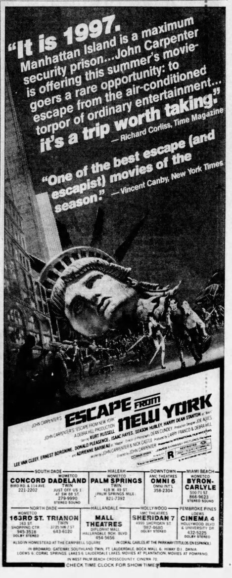 Escape from New York ad from The Miami Herald, Sunday, August 23, 1981.