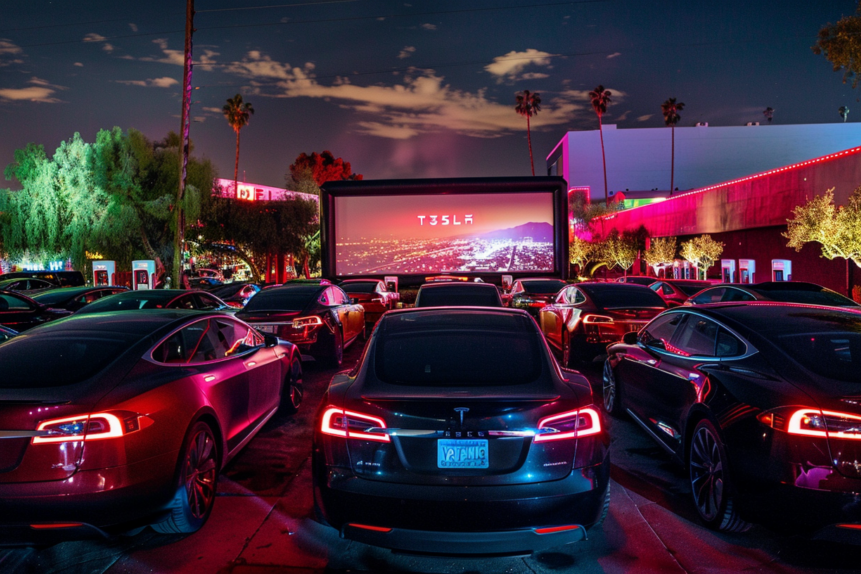 Tesla's LA Supercharger Installs First Movie Screen For Drive-In: Will Doge Payments Be Accepted?